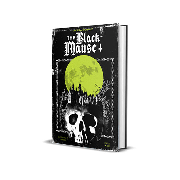 The Black Manse game box with skull, yellow moon, and haunted mansion graphic in gothic horror adventure style.