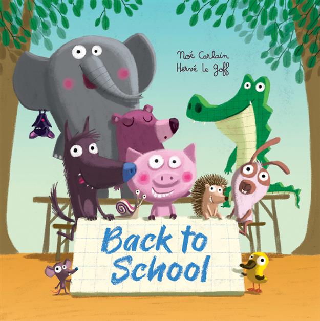 Back to School sign surrounded by smiling cartoon animals.
