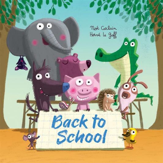 Back to School sign surrounded by smiling cartoon animals.
