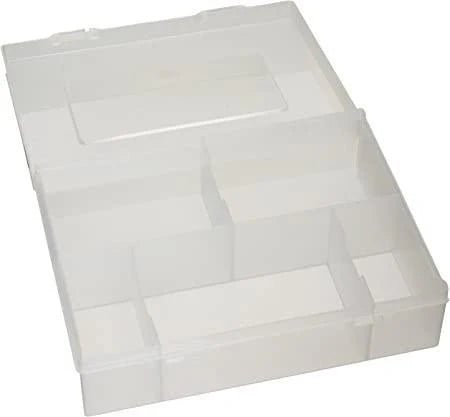 KMC 1000 count Card Accessories Box, clear organizer with multiple compartments for card sleeves and cards.
