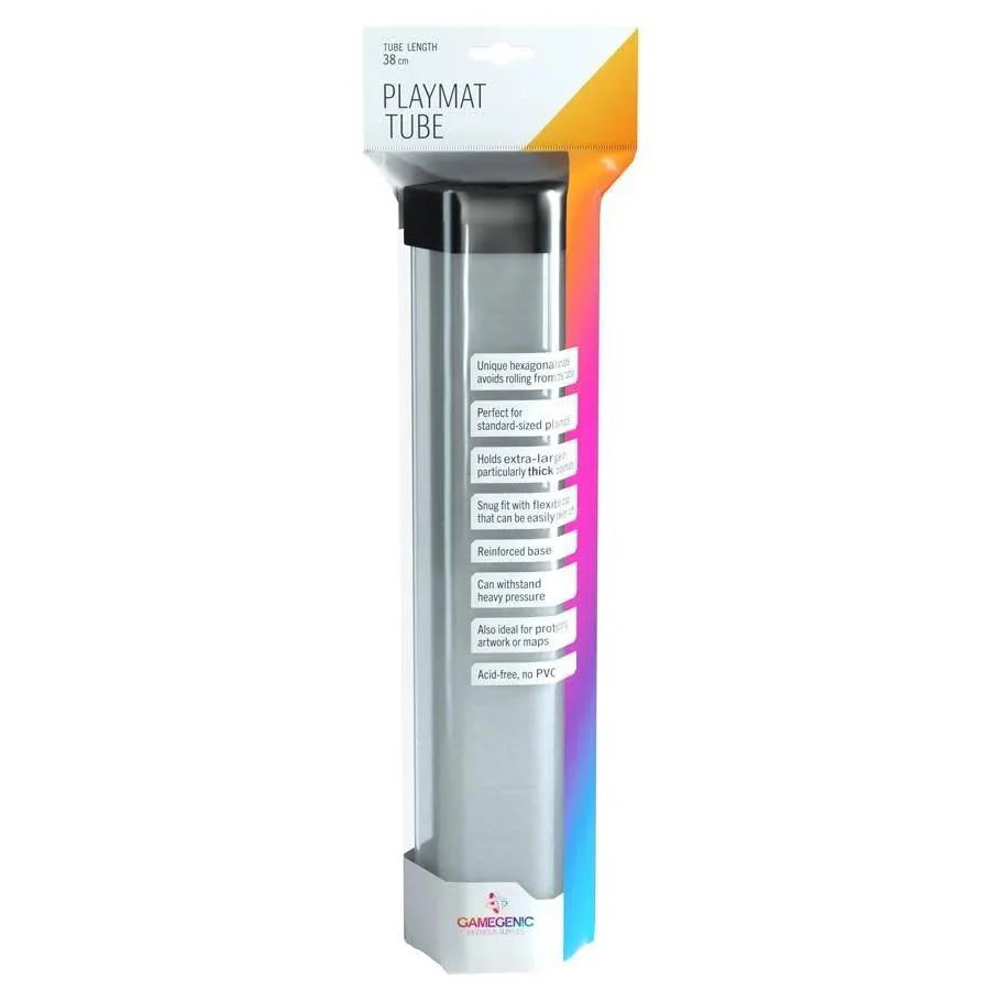 Clear Playmat Tube with front rainbow accent, shown in packaging for playmat protection.