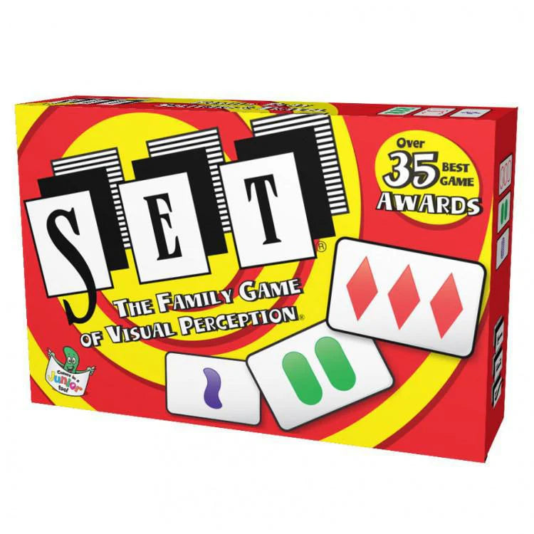 Set card game in a red box, labeled as The Family Game of Visual Perception and noting 35+ awards.