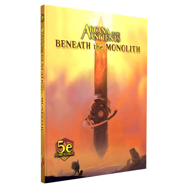 Numenera: Arcana of the Ancients—Beneath the Monolith RPG book featuring a floating monolith and orange clouds.