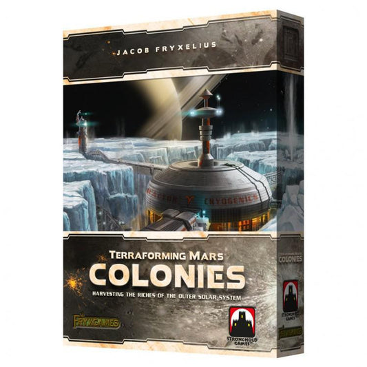 Terraforming Mars: The Colonies box cover with colony tiles, spaceships, and trade fleet on an icy surface.