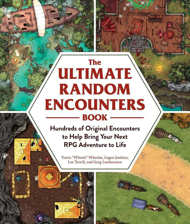The Ultimate Random Encounters Book with fantasy RPG maps and adventure prompts on the cover.