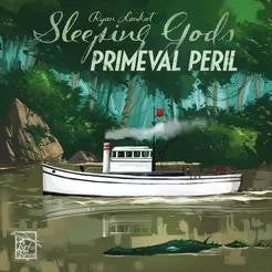 Sleeping Gods: Primeval Peril board game box featuring a white boat on a jungle river and title above.