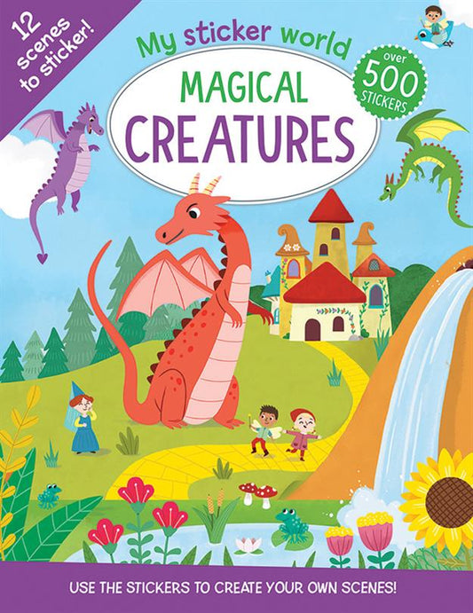 My Sticker World: Magical Creatures sticker activity book featuring magical creatures, a castle, and waterfall.
