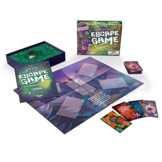 My First Escape Game set includes cards, a booklet, a board, and a box.
