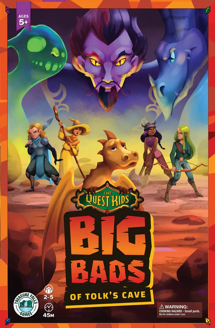 The Quest Kids: Big Bads of Tolks Cave board game with fantasy heroes and monsters for children.