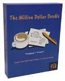 The Million Dollar Doodle board game in a blue box with coffee cup, napkin sketches, and pencil on the cover.