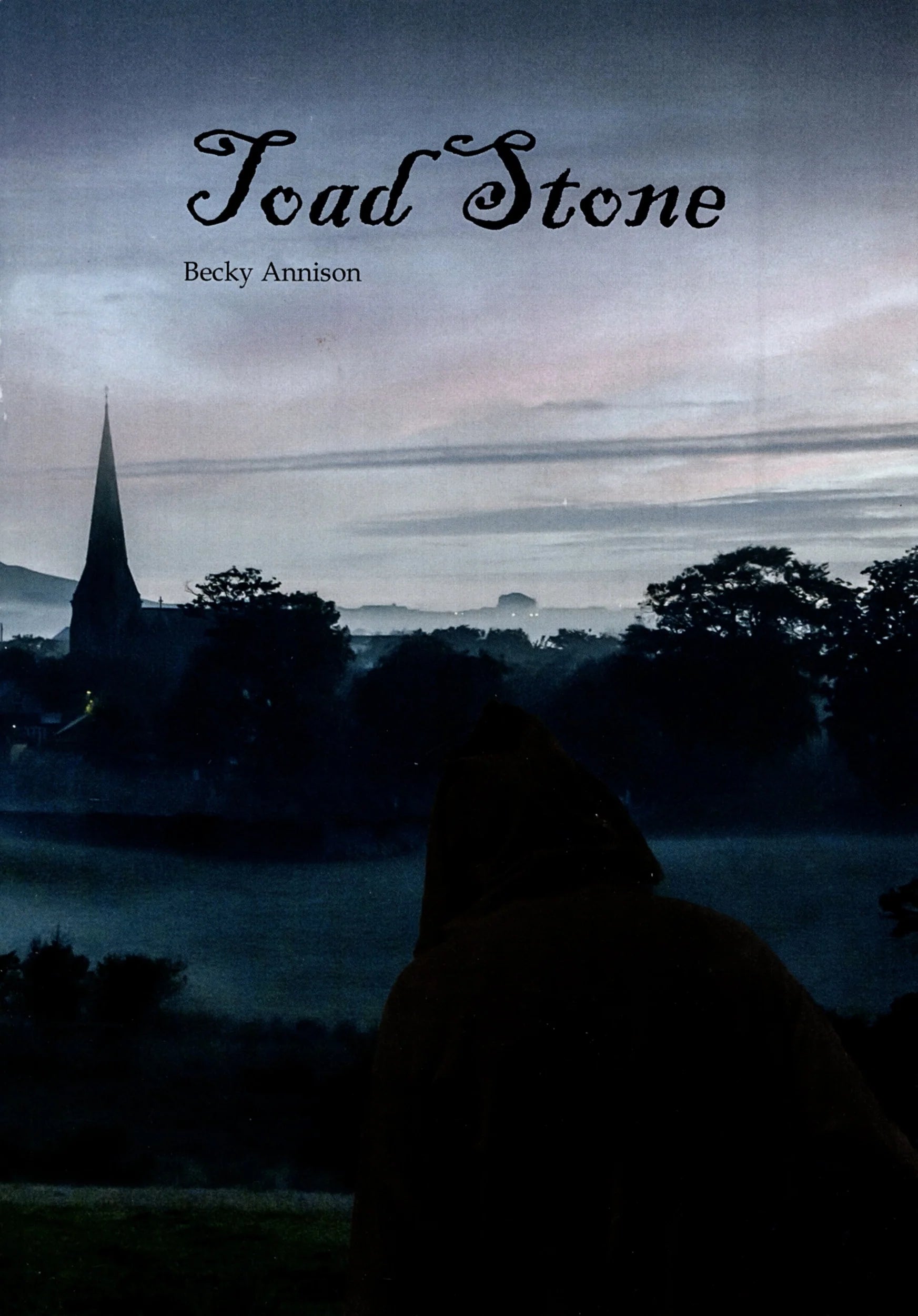 Toad Stone packaging showing product name with a hooded figure in fog at dusk, village and church spire in background.