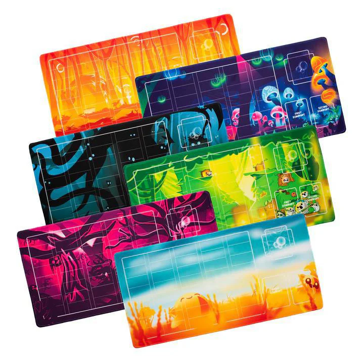 Six Doomling Overlush Playmats with vibrant, abstract, and nature-themed designs displayed together.