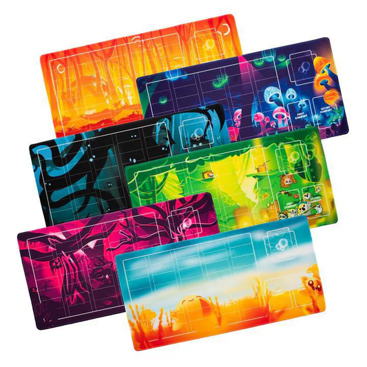 Six Doomling Overlush Playmats with vibrant, abstract, and nature-themed designs displayed together.