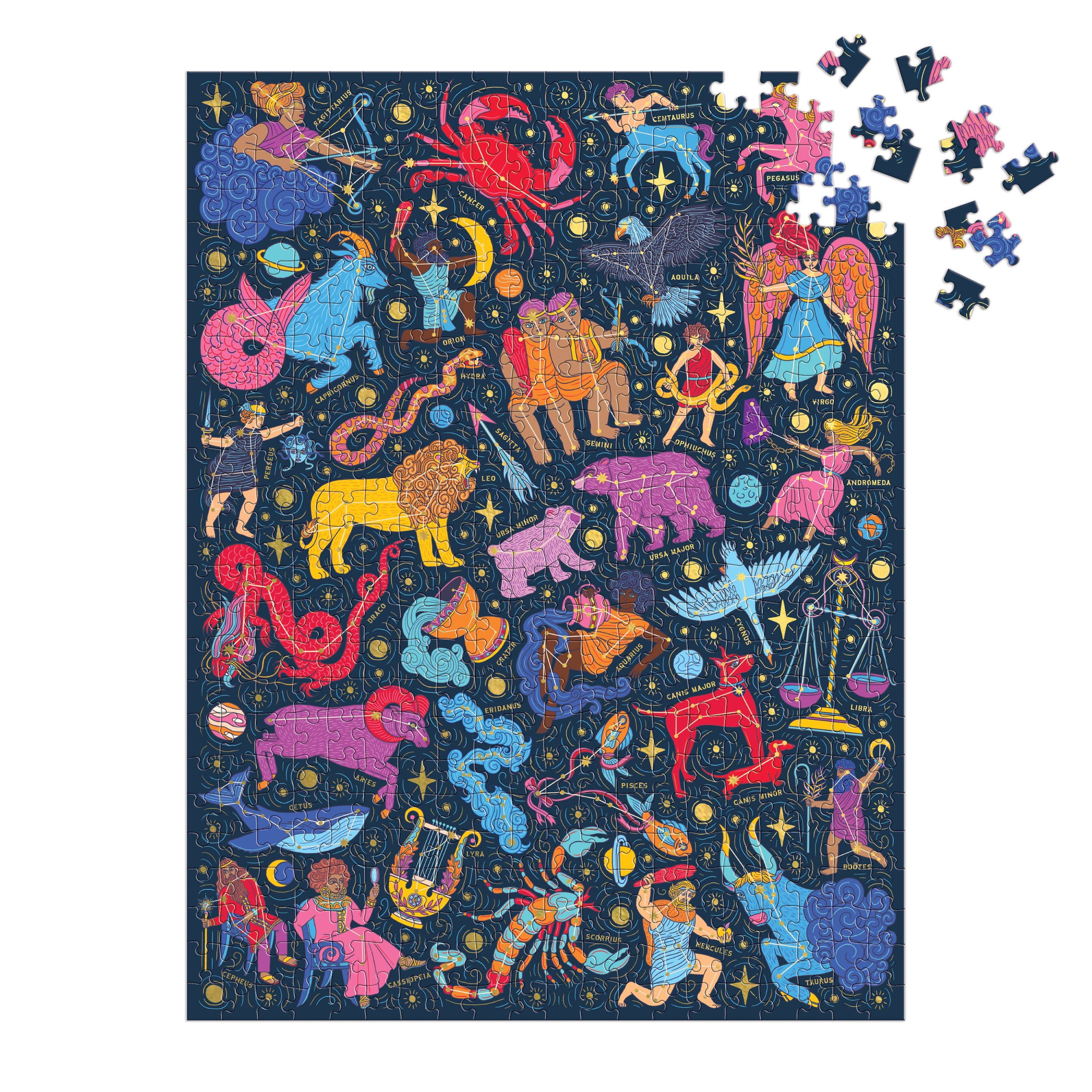 Constellations 101: Stargazing 500-piece book puzzle with a few pieces missing in the top right corner.