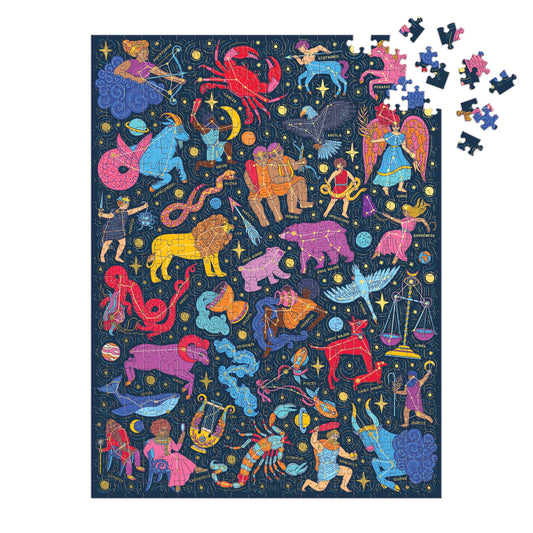 Constellations 101: Stargazing 500-piece book puzzle with a few pieces missing in the top right corner.
