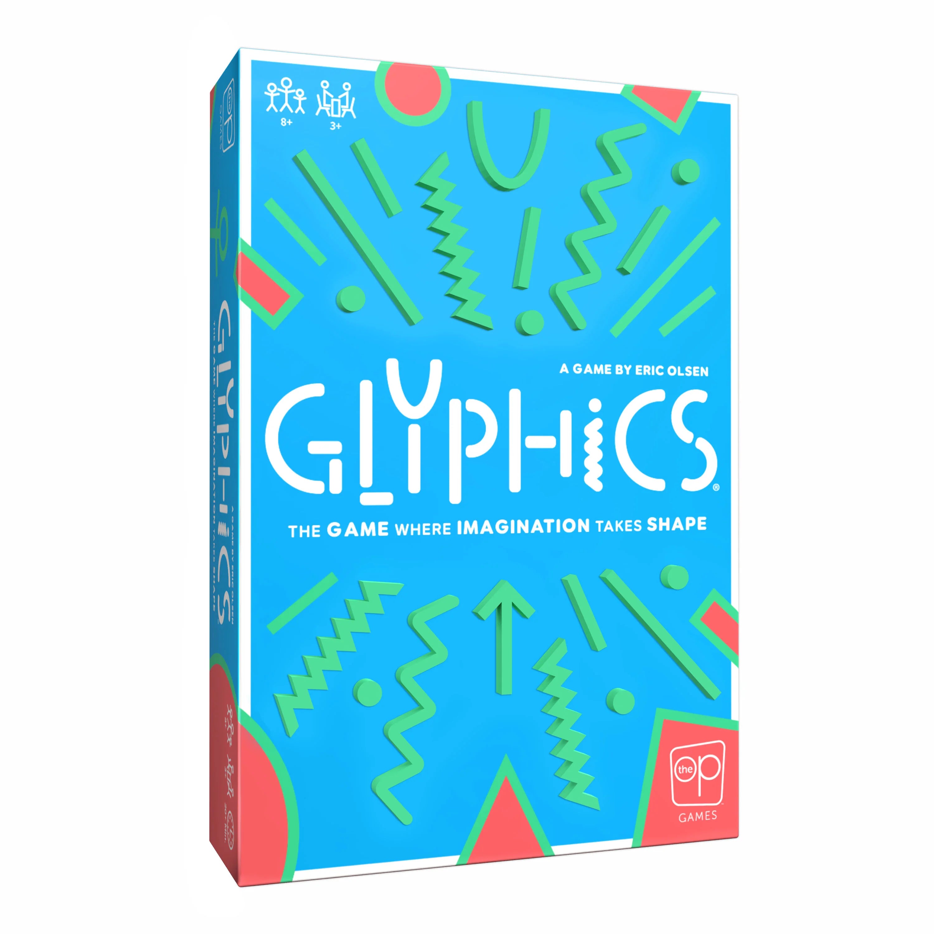 Glyphics board game box with blue background, green geometric shapes, and storytelling tagline.