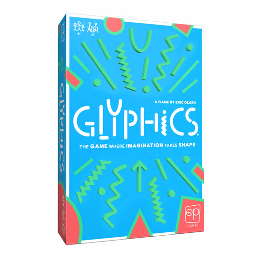 Glyphics board game box with blue background, green geometric shapes, and storytelling tagline.