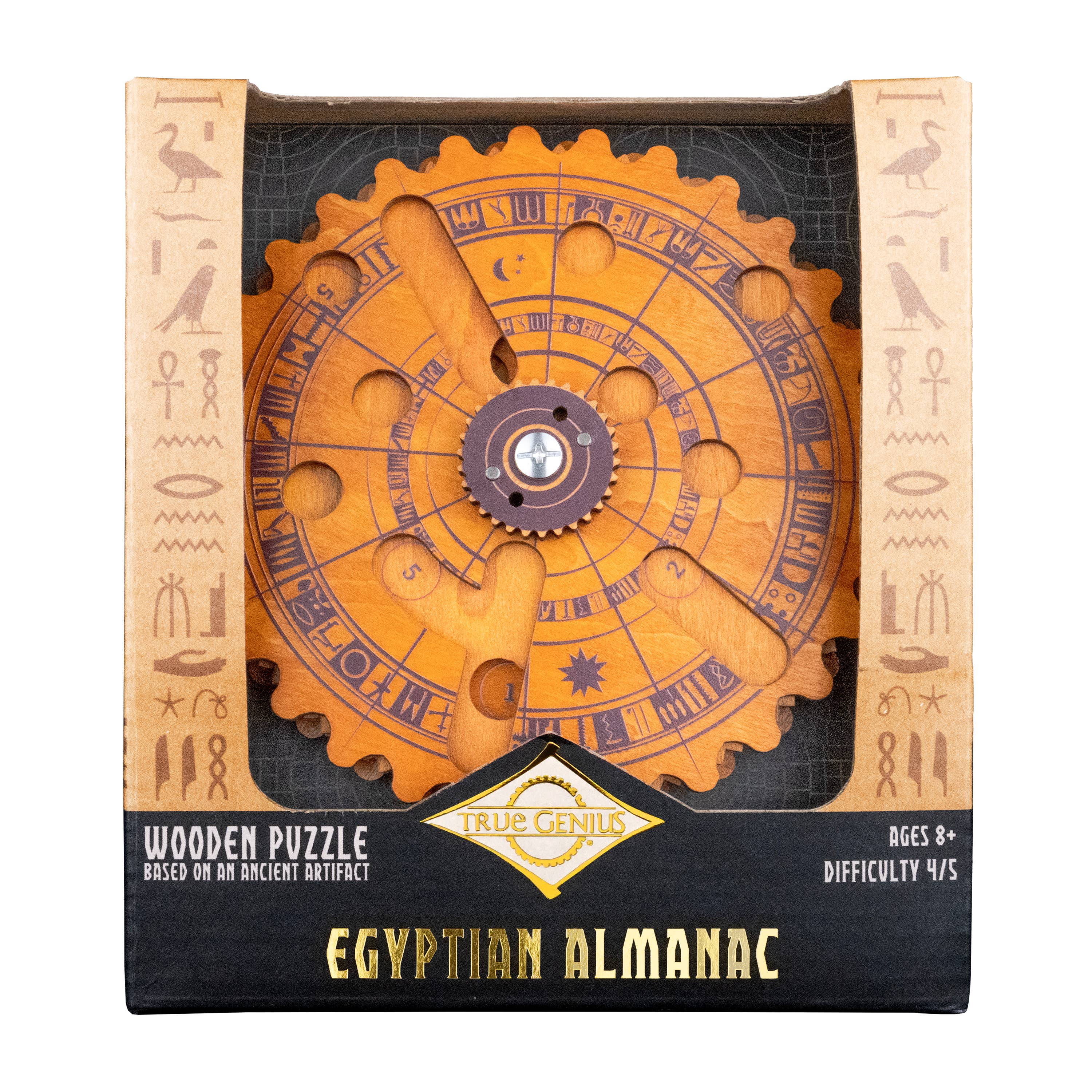 Egyptian Almanac Mathematical Brainteaser wooden puzzle box featuring gears and ancient symbols.