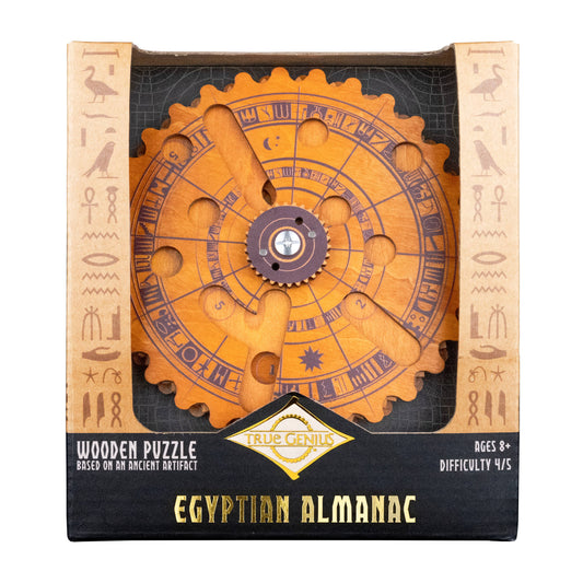 Egyptian Almanac Mathematical Brainteaser wooden puzzle box featuring gears and ancient symbols.