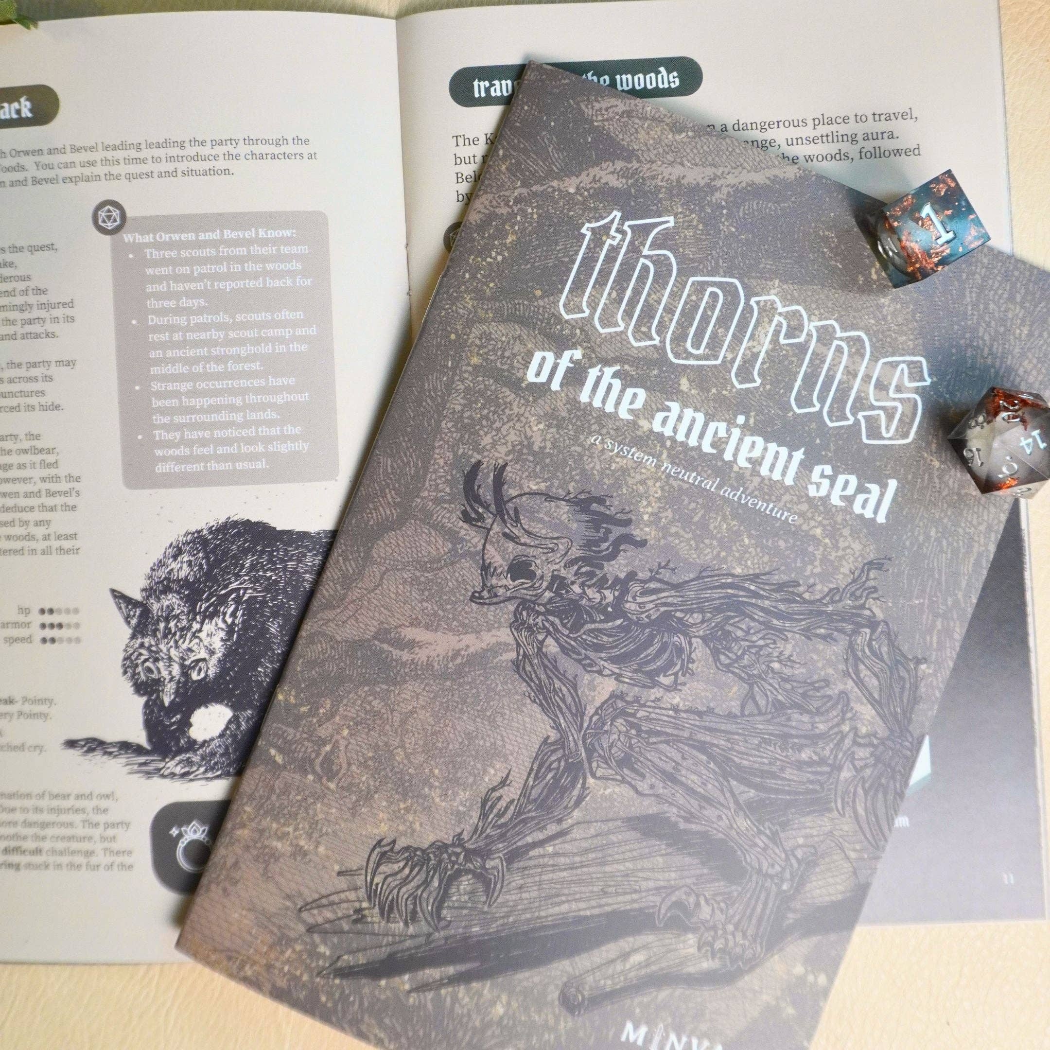 Thorns of an Ancient Seal system-agnostic TTRPG booklet with two dice, for D&D or RPG one-shots.