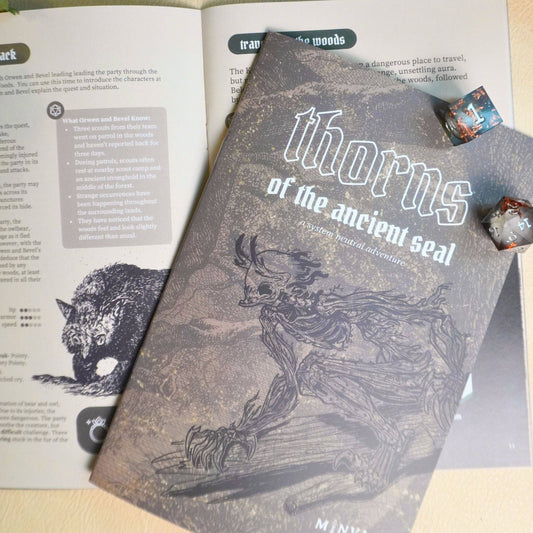 Thorns of an Ancient Seal system-agnostic TTRPG booklet with two dice, for D&D or RPG one-shots.