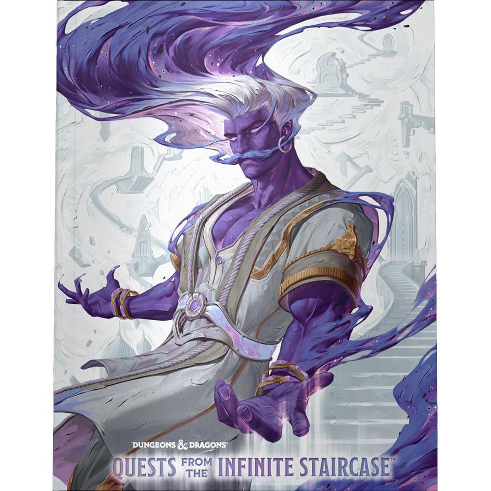 D&D Quests From The Infinite Staircase (Alt) cover featuring a purple-skinned figure with energy and fantasy towers.
