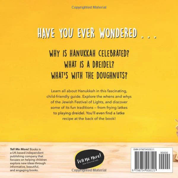 Back cover of What is Hanukkah? Kids Book with Hanukkah questions, tradition summaries, and publisher information.