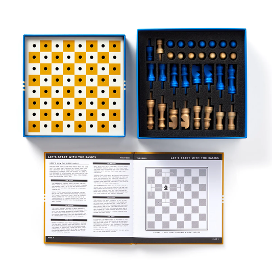 It’s Time to Say Yes to Chess Travel Edition with pegged gold and blue pieces, yellow-white board, and instruction booklet.