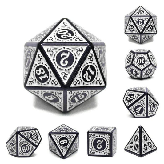 Magic Flame - White RPG Dice Set of black and white ornate resin dice on a white background.