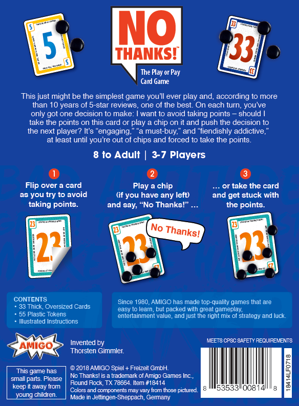 Back of No Thanks Family Strategy Card Game box showing game details, rules, components, and age range.