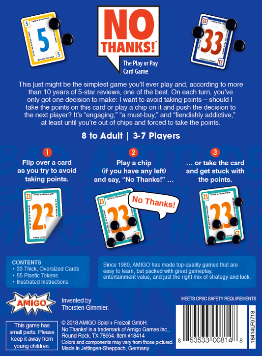 Back of No Thanks Family Strategy Card Game box showing game details, rules, components, and age range.