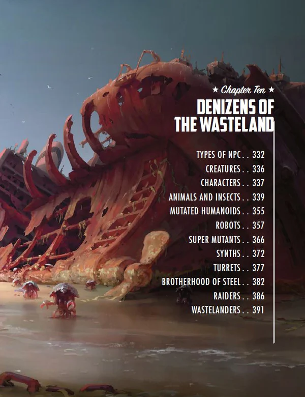Fallout RPG Core Rulebook featuring cover art of a rusty wrecked ship and red mutants in a post-apocalyptic scene.