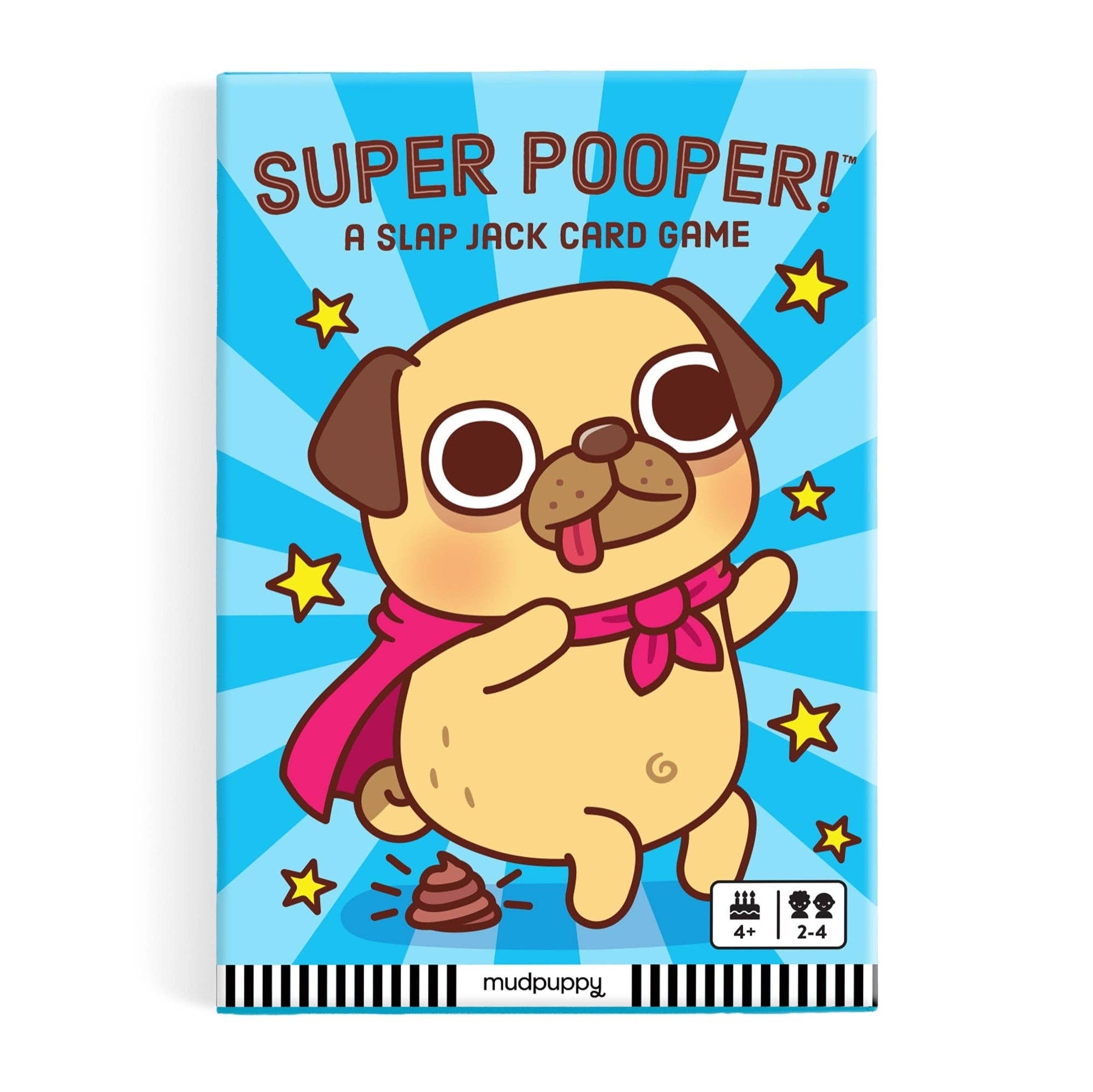 Super Pooper Card Game box featuring a cartoon pug in a cape jumping over poop and stars.