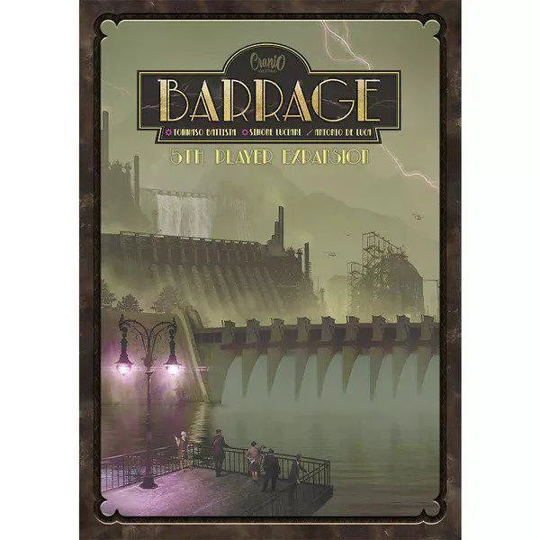 Barrage 5th Player Expansion board game box featuring a vintage-style dam illustration with observers.