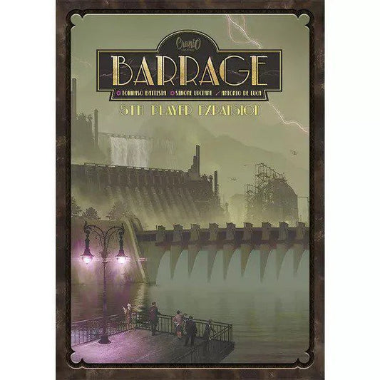 Barrage 5th Player Expansion board game box featuring a vintage-style dam illustration with observers.