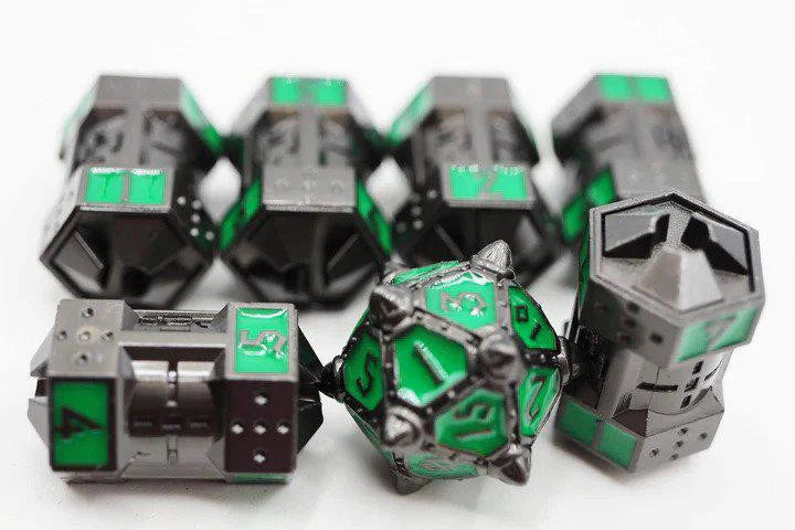 The Dice 51: Radioactive Rocket RPG Metal Dice Set with seven metallic green and black dice on a white background.