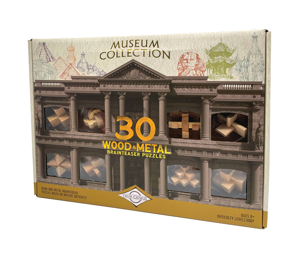The True Genius Museum Collection 30-piece gift set with wood and metal brainteaser puzzles.