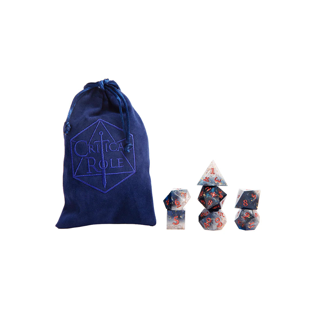 Champion Dice Set: Percival Fredrickstein De Rolo III with blue velvet Critical Role logo bag.