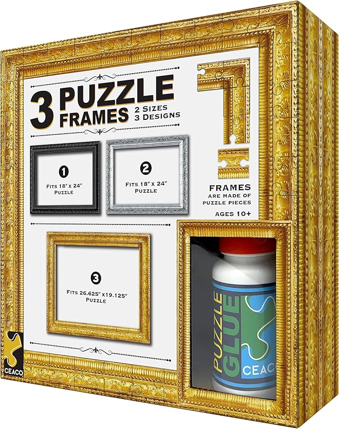 Three gold and silver puzzle frames with glue, fits puzzles up to 18 x 24 inches, 3-pack.