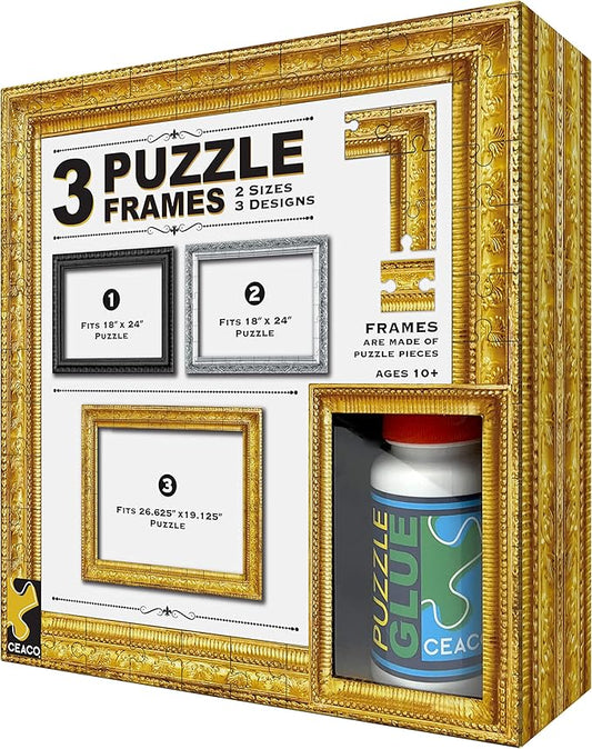 Three gold and silver puzzle frames with glue, fits puzzles up to 18 x 24 inches, 3-pack.