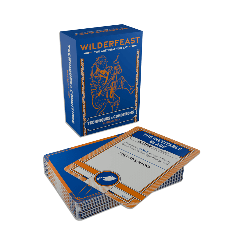 Wilderfeast Techniques and Conditions Reference Deck cards stacked in front of the game box.