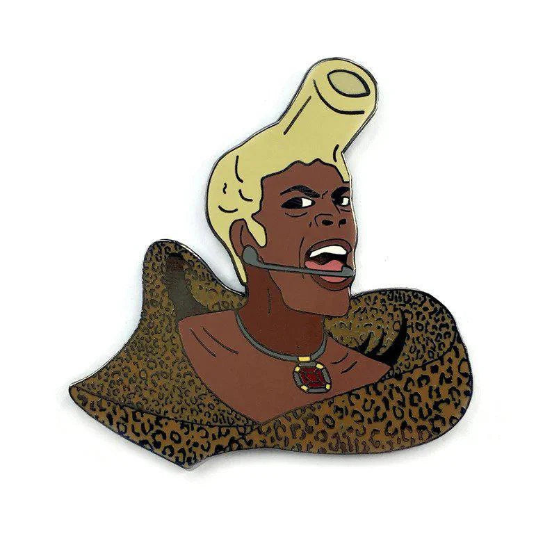 Kolorspun Pins Ruby Rhod Fifth Element enamel pin: blond radio host in leopard coat and headset, mouth open.