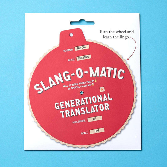 Red Slang-o-Matic Generational Translator wheel displaying slang for Boomers, Gen X, Millennials, and Gen Z.