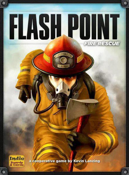 Flash Point Fire Rescue cooperative board game box featuring a firefighter in full gear with an axe on the cover.