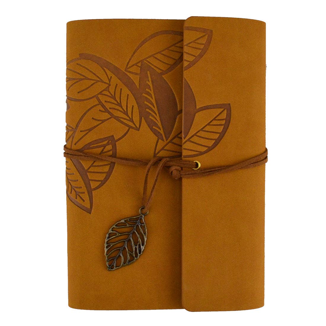 Journal Leaf - Brown notebook with embossed leaves, brown leather cover, strap closure, and metal leaf charm.