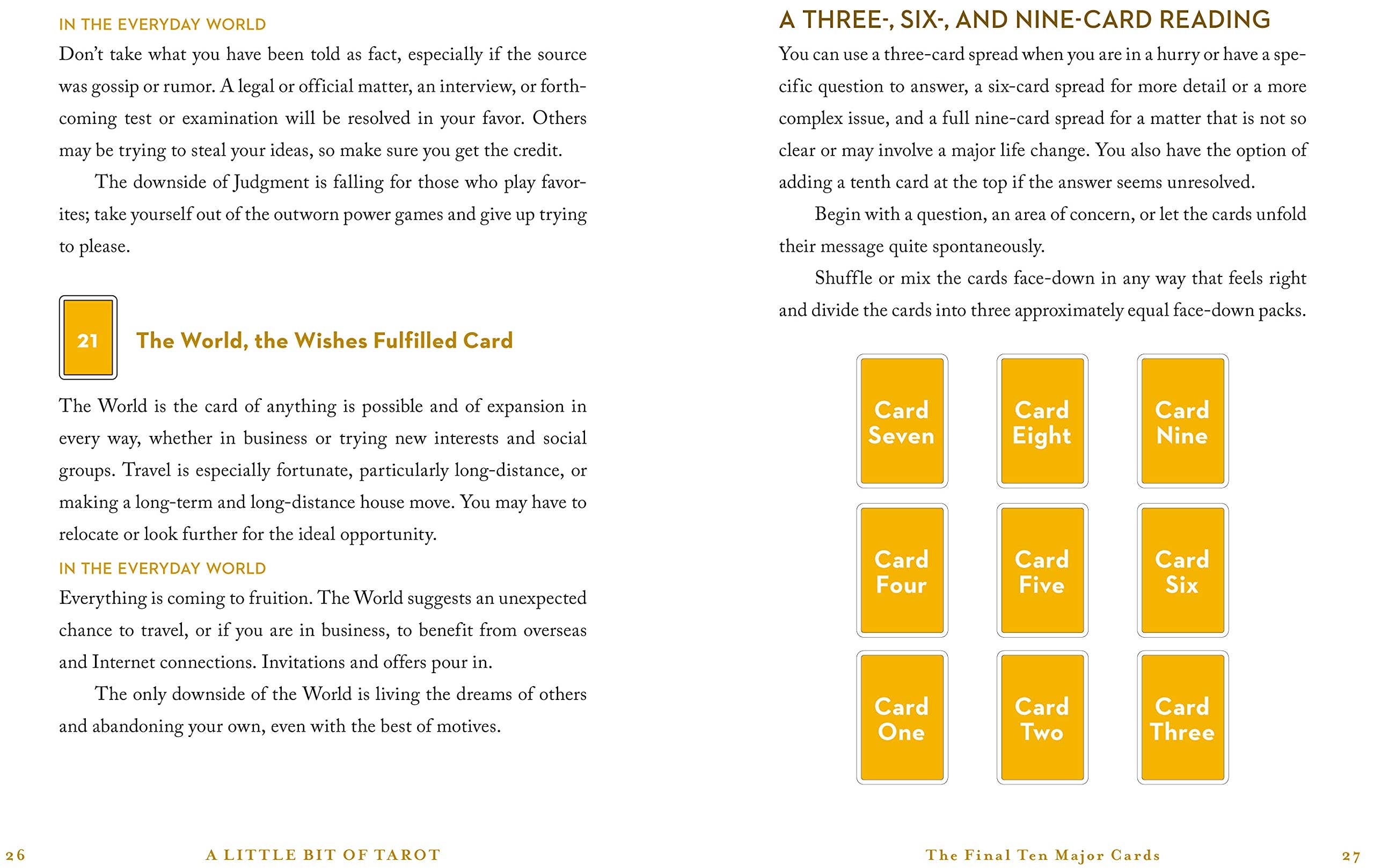 A Little Bit of Tarot by Cassandra Eason featuring The World card and labeled tarot reading diagrams.
