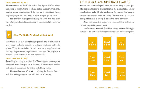 A Little Bit of Tarot by Cassandra Eason featuring The World card and labeled tarot reading diagrams.