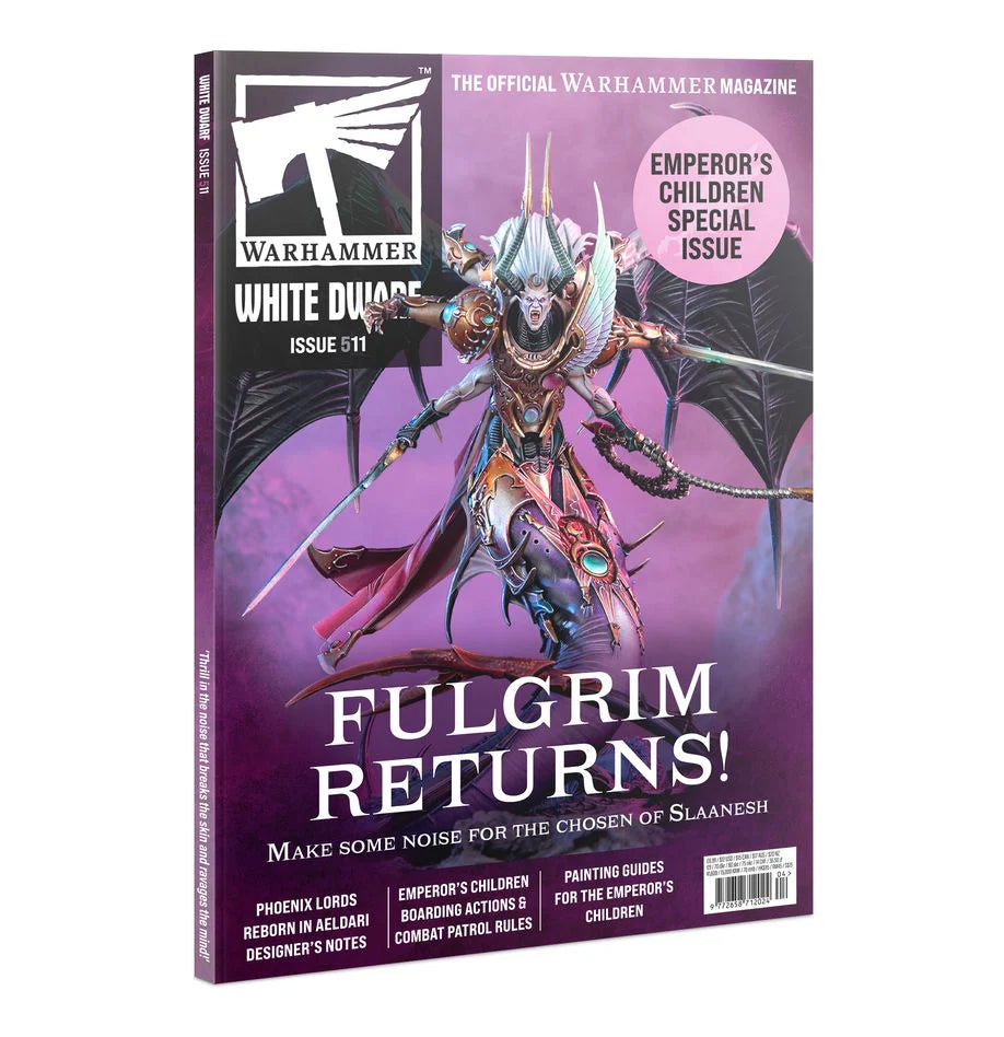 White Dwarf Issue 511: Fulgrim Returns with Fulgrim, a winged Warhammer figure holding swords on a purple cover.
