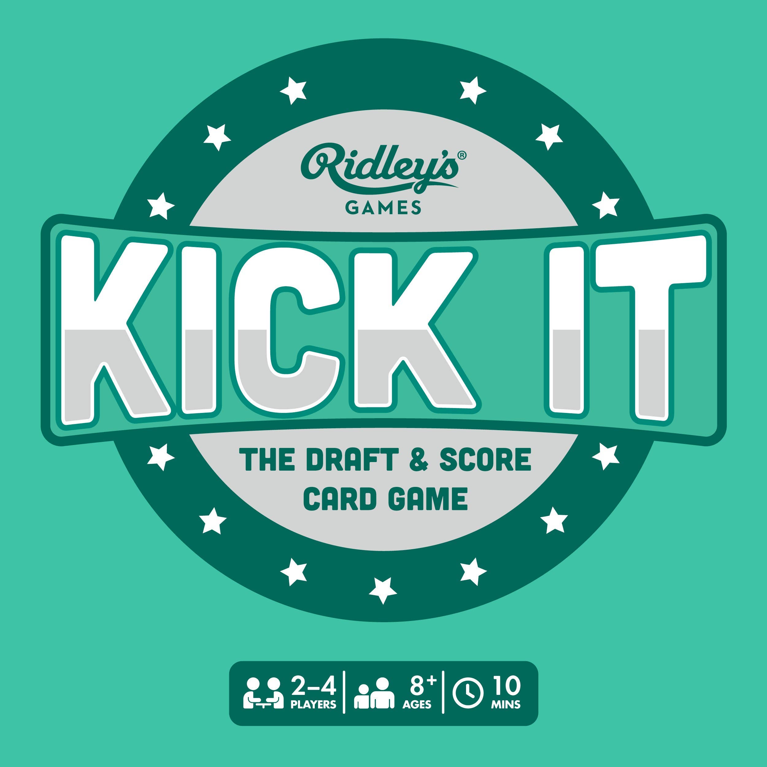 Kick It logo with player, age, and playtime icons on teal for a soccer-themed card game.
