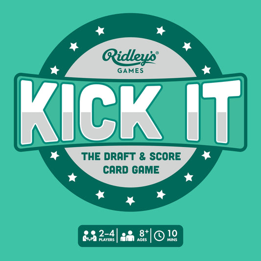 Kick It logo with player, age, and playtime icons on teal for a soccer-themed card game.